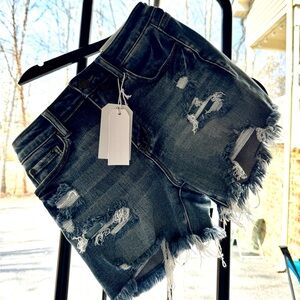Distressed Denim Cutoff Shorts - Frayed Hem